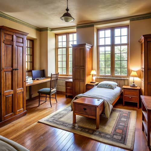 Cozy Study Room with Wooden Furniture & Warm Lighting