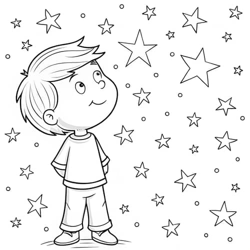 Cute Child Staring at Stars – Coloring Book Page