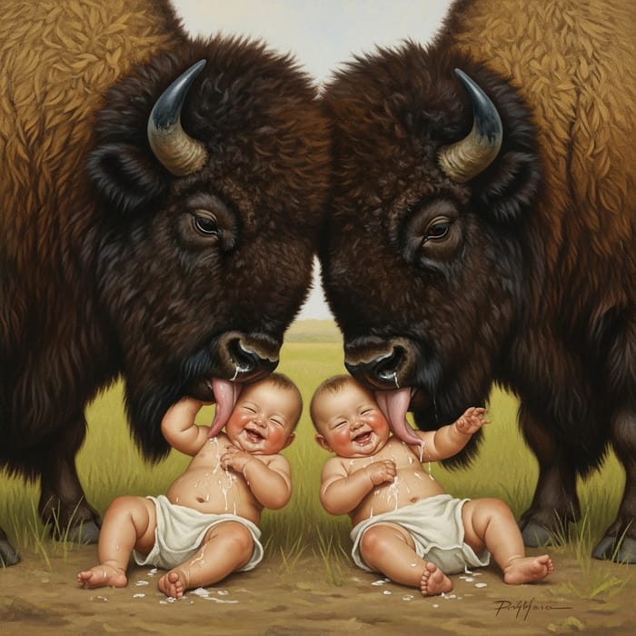 Heartwarming Oil Painting of Twins Raised by Bison