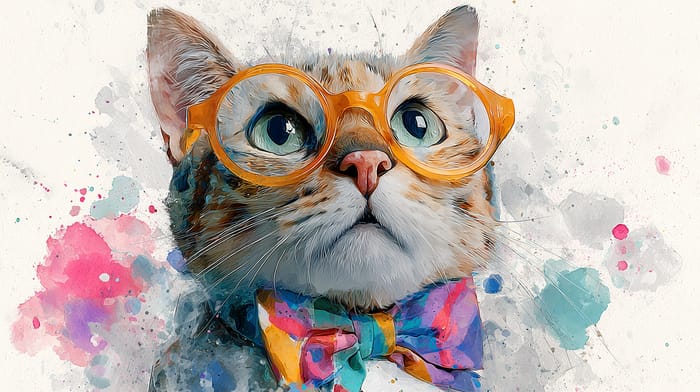 Whimsical Cat Art with Glasses & Bowtie Whimsical Cat Art with Glasses & Bowtie