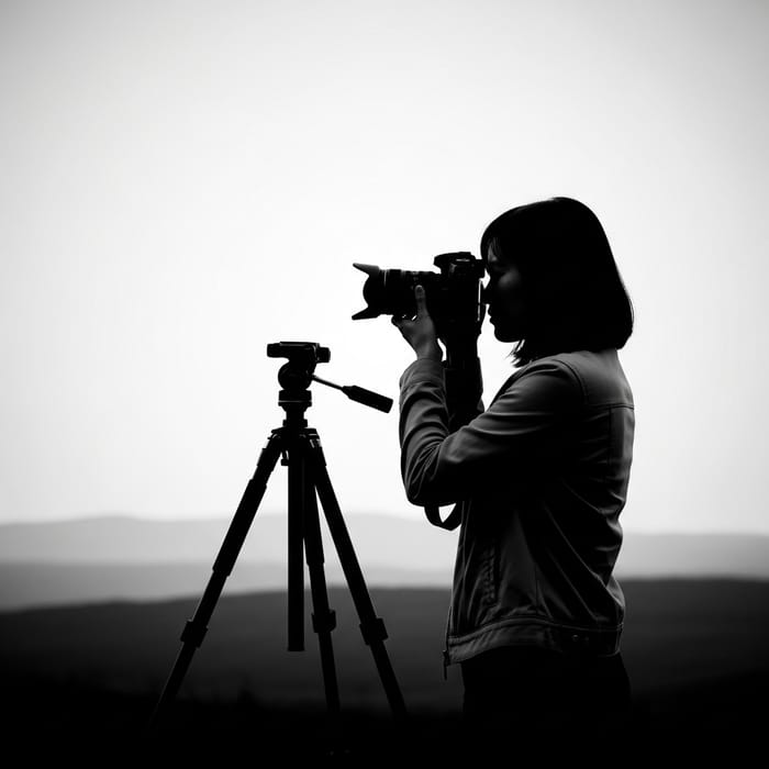Female Photographer Silhouette Drawing | Camera & Tripod Scene Female Photographer Silhouette Drawing | Camera & Tripod Scene