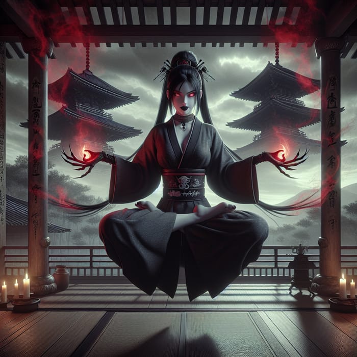 Powerful Cosmic Deity: Japanese Woman in Lotus Pose Levitating with Hellfire Powerful Cosmic Deity: Japanese Woman in Lotus Pose Levitating with Hellfire