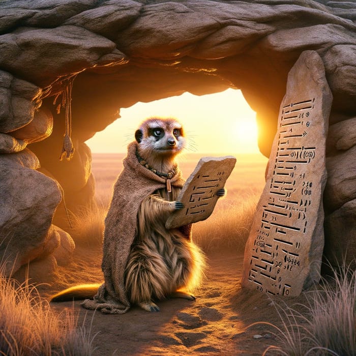 Meerkat Caveman Learns Coding at Cave Entrance Meerkat Caveman Learns Coding at Cave Entrance