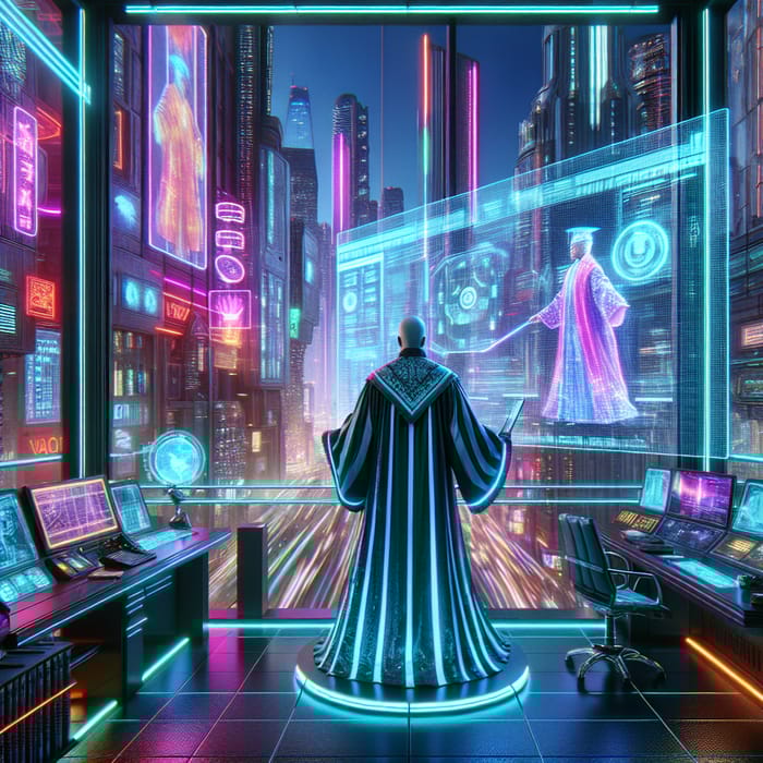 Future Cyberpunk Judge in City Courtroom Future Cyberpunk Judge in City Courtroom