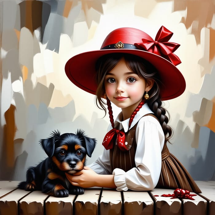 Girl with a Red Hat and a Little Black Dog