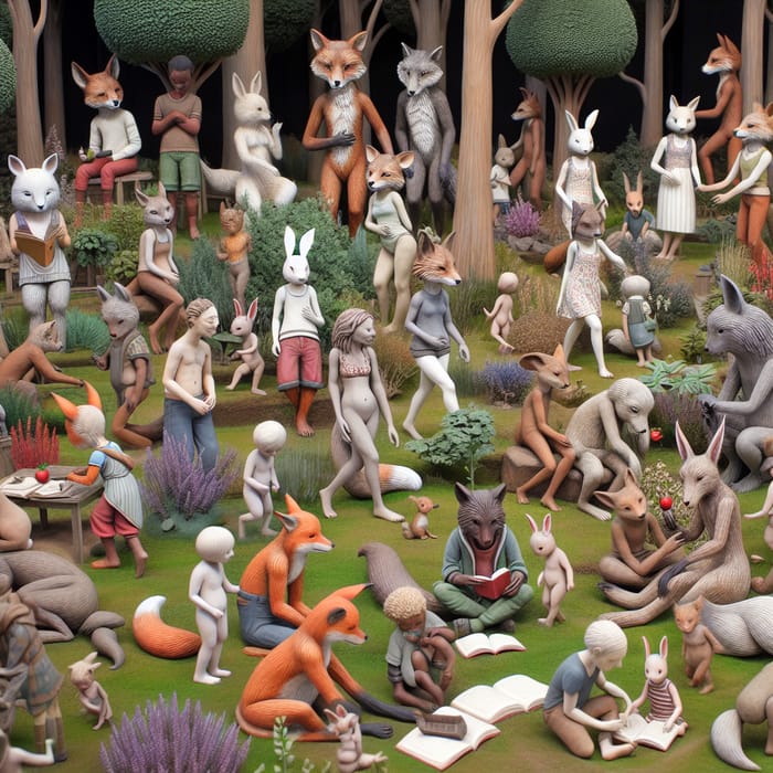 Whimsical Scene of Forest Garden with Anthropomorphic Animal Figures