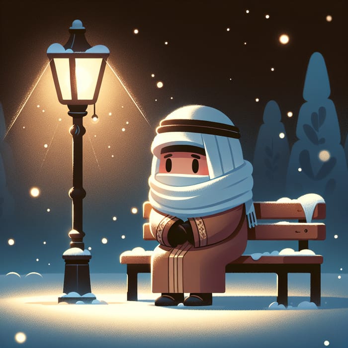 Middle-Eastern Character Sitting on Bench in Snowy Winter Night