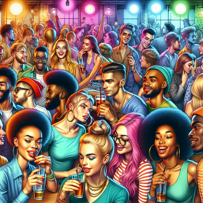 Vibrant Colored Pencil Drawing of Nightclub Party