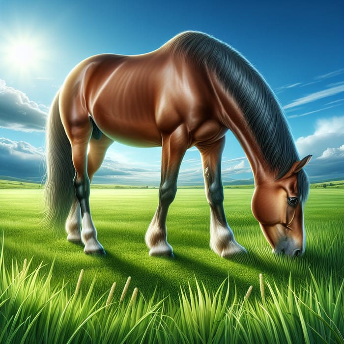 Realistic Horse Grazing in Verdant Green Meadow