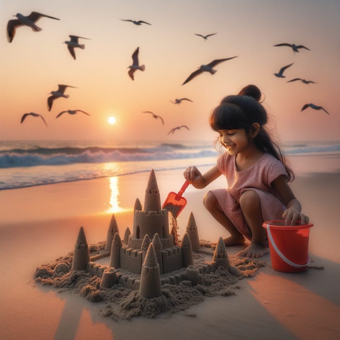 Joyful Girl Building Sandcastle on Sunset Beach