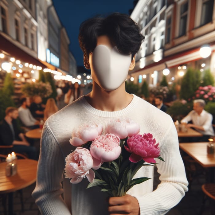 Kim Taehyung in White Sweater with Pink Peonies in Urban Cafe