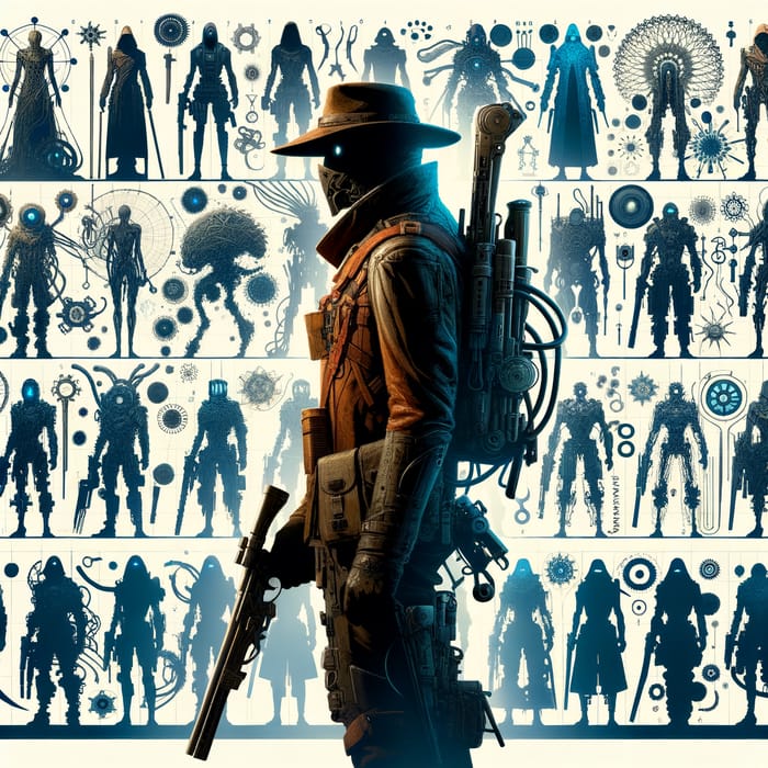 Sci-Fi Bounty Hunter Character Silhouettes with Diverse Weapons
