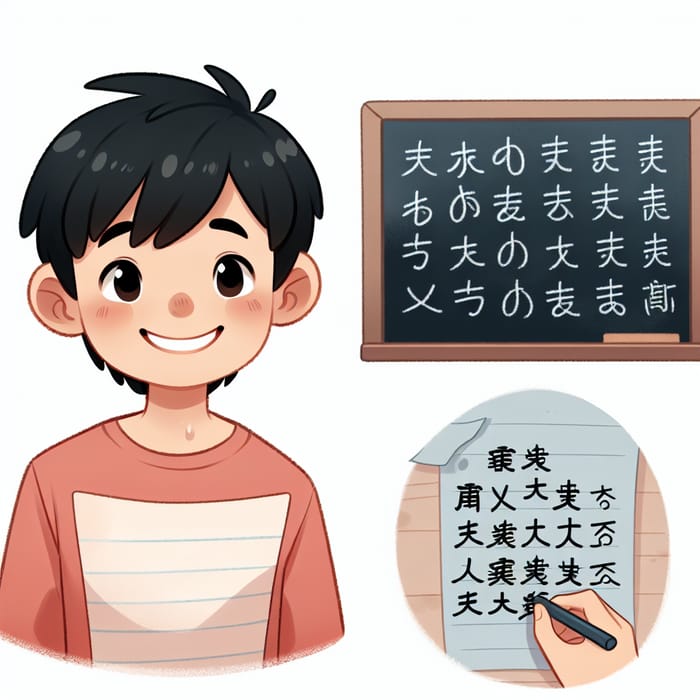 Young Asian Boy Struggling with Chinese Characters
