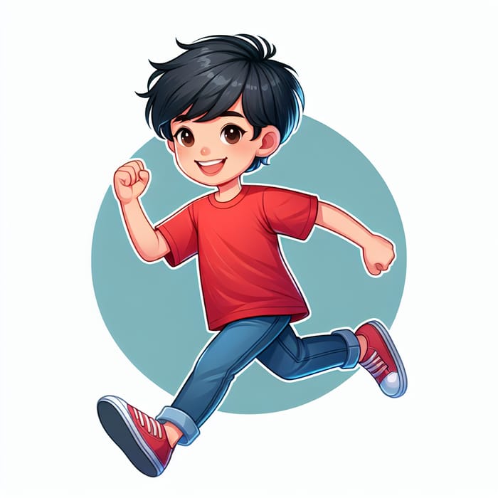 Energetic Young Boy Illustration - Vibrant Red T-shirt & Blue Jeans