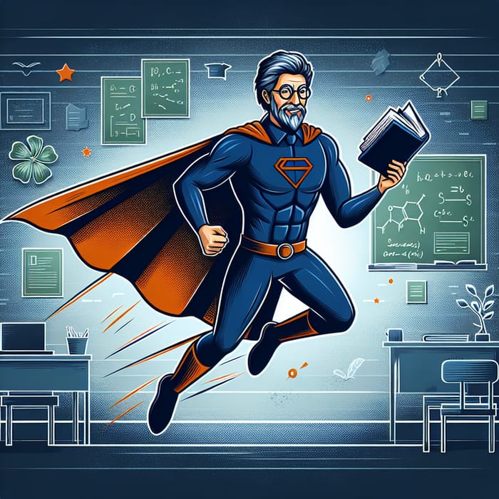 Superhero Professor in Dark Blue & Orange | Academic Character Design
