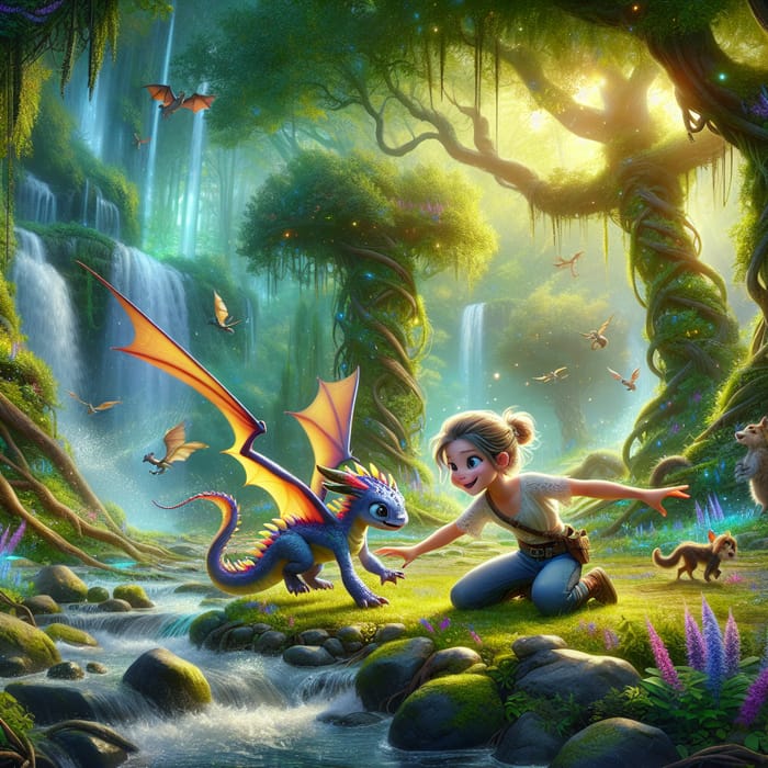 Whimsical Scene of Young Girl & Pet Dragon in Enchanting Forest
