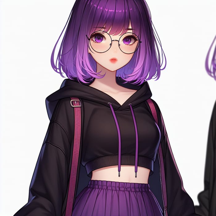 Stylish Asian Student with Purple Hair and Glasses in Urban Fashion