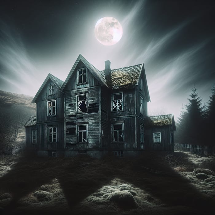Desolate House Under Moonlit Sky | Broken Windows, Dark Colors