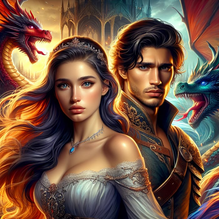 Enchanting Fantasy Book Cover with Dragon Warriors & Royal Romance