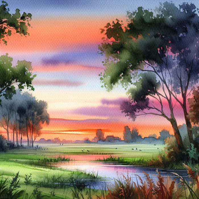 Serene Watercolor Landscape: Vibrant Sunset Reflections