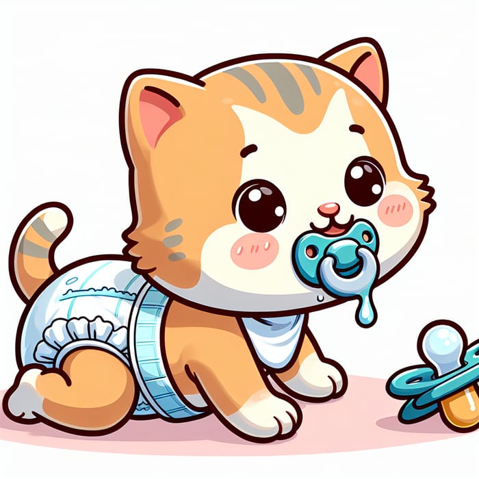 Adorable Newborn Kitten Crawling with Diaper and Pacifier Cartoon