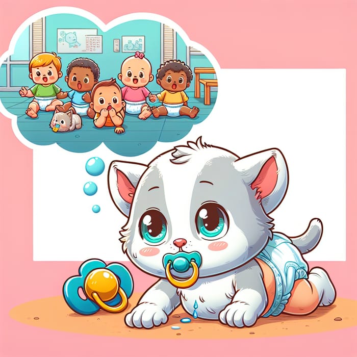 Cute Newborn Kitten Crawling with Diaper and Pacifier - Animated Cartoon Baby also Attending Daycare