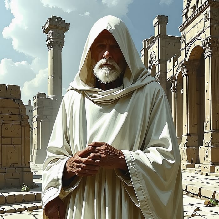 Aged Mystic Monk in Ancient Fantasy City Ruins | Contemplative Pose