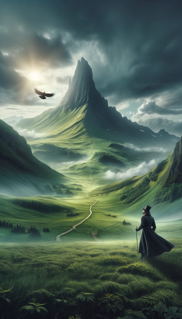 Epic Fantasy Scene of Mountain and Crow