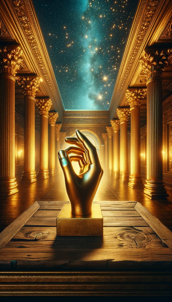 Gold Hand on Wooden Table: Mystical Room with Stars Gold Hand on Wooden Table: Mystical Room with Stars