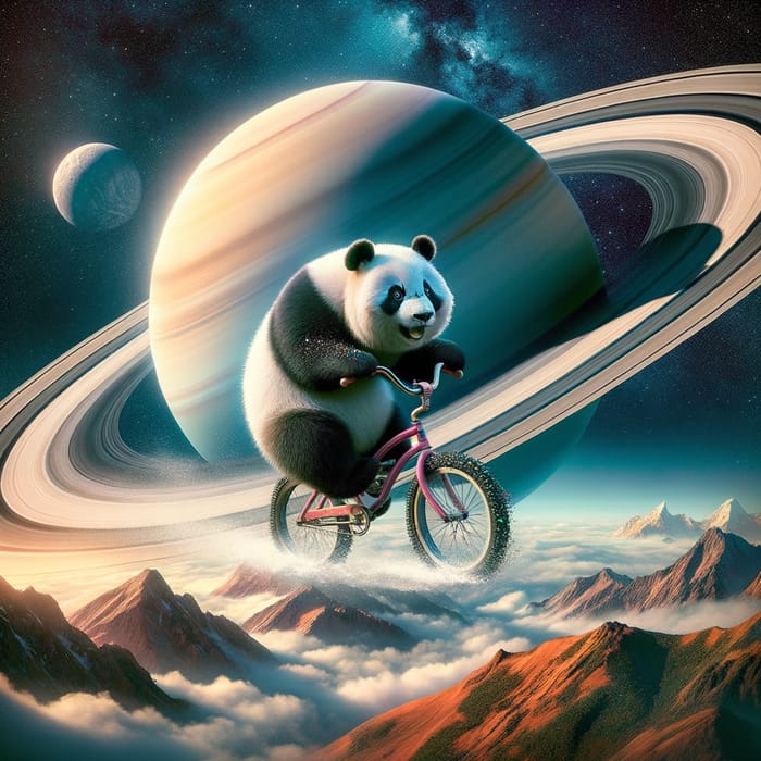 Panda Biking on Saturn: Ethereal Journey Imagery