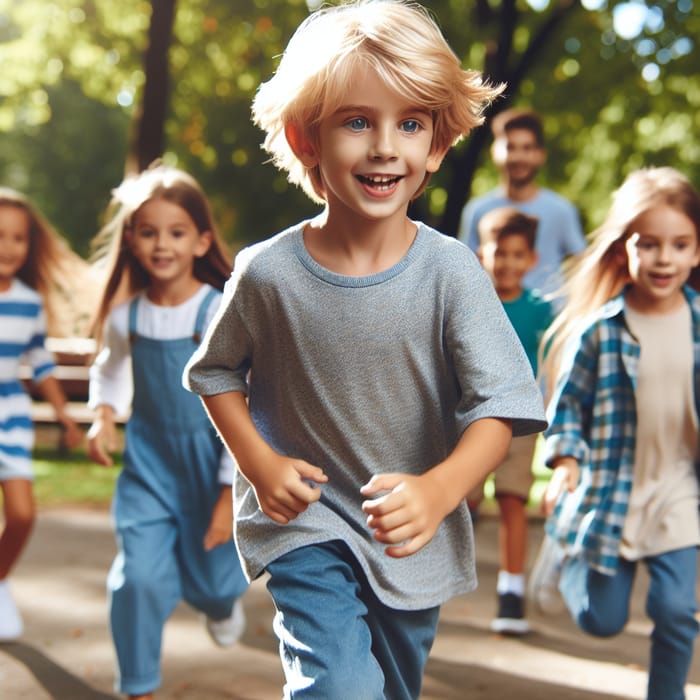 Seven-Year-Old Blond Boy Enjoying Playtime with Diverse Friends at Park