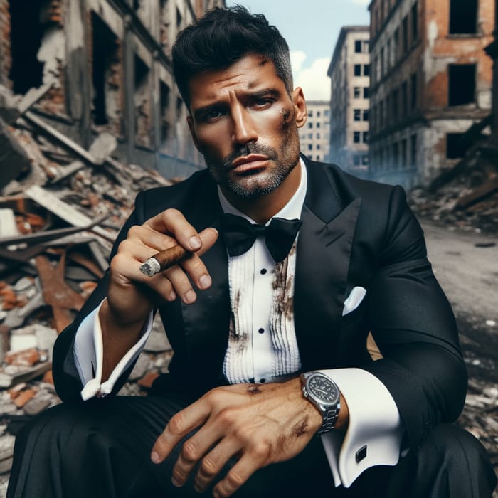 Hispanic Man in Tuxedo Amid Smoking Ruined City