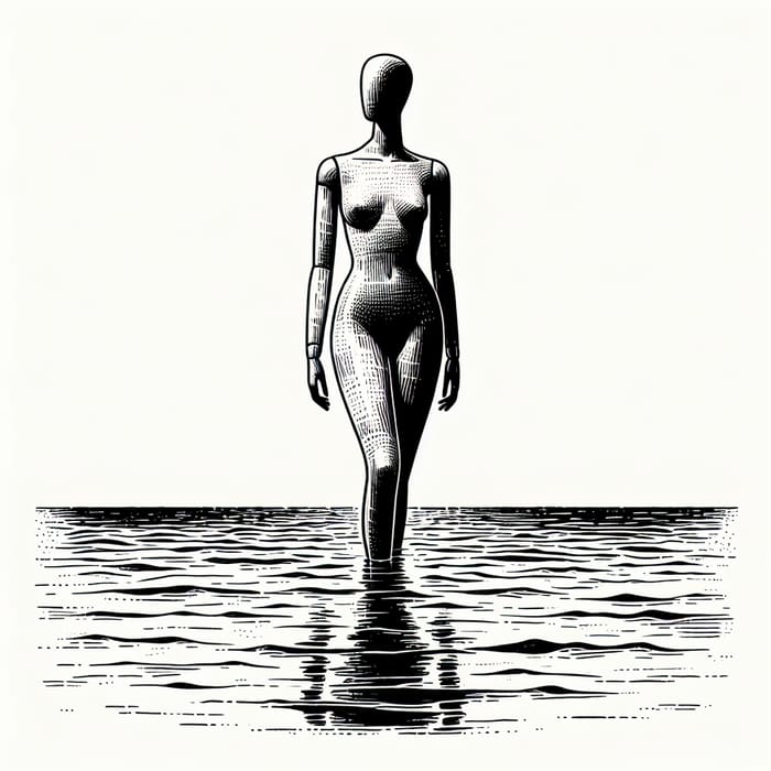 Minimalistic Pen Drawing of Mannequin by Water - Artwork in Retro-Engraving Style