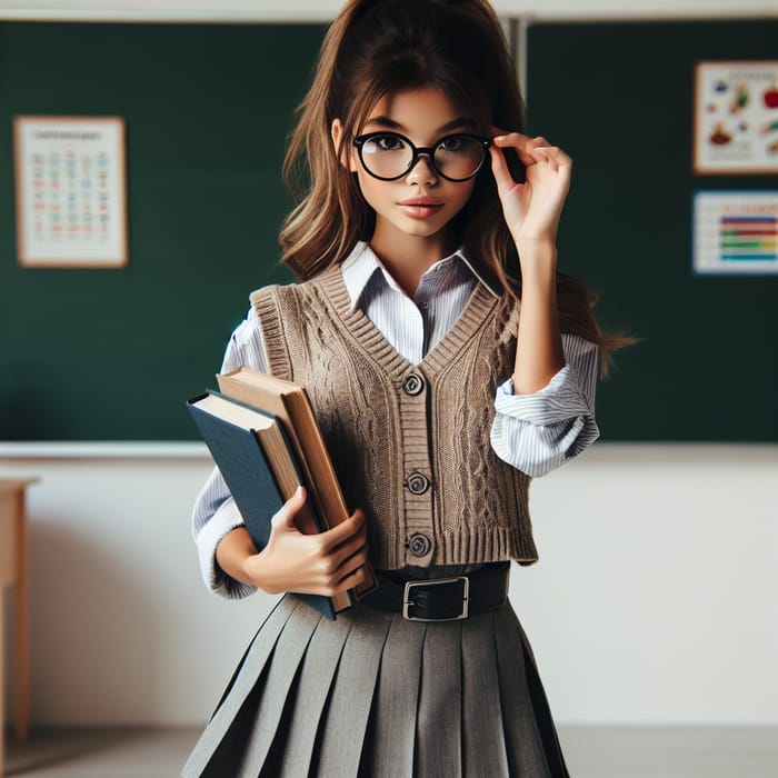 Adorable Asian Schoolgirl in Classroom | Petite Figure & Pleated Skirt