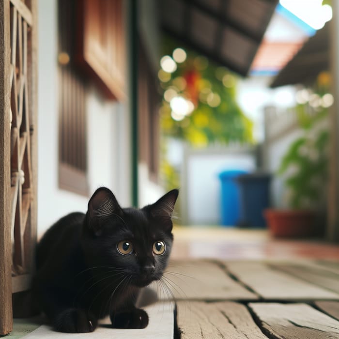 Adorable Black Cat Looking for the Way Home