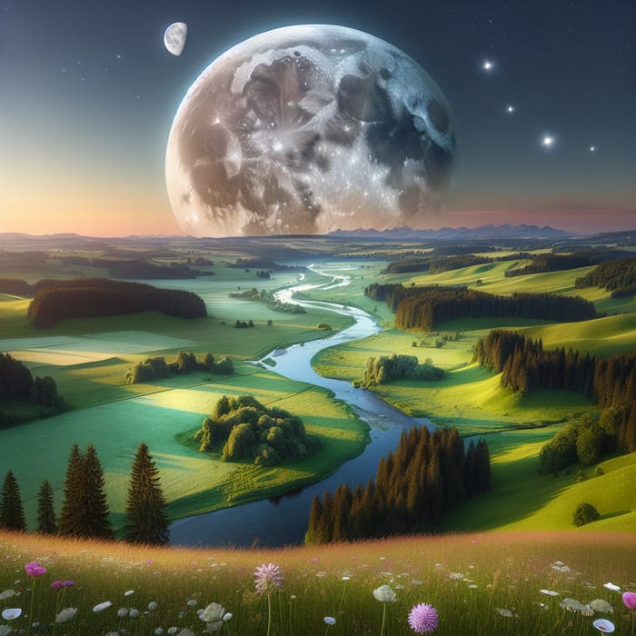 Celestial Landscape: Moonlit Tranquility and Earthly Serenity