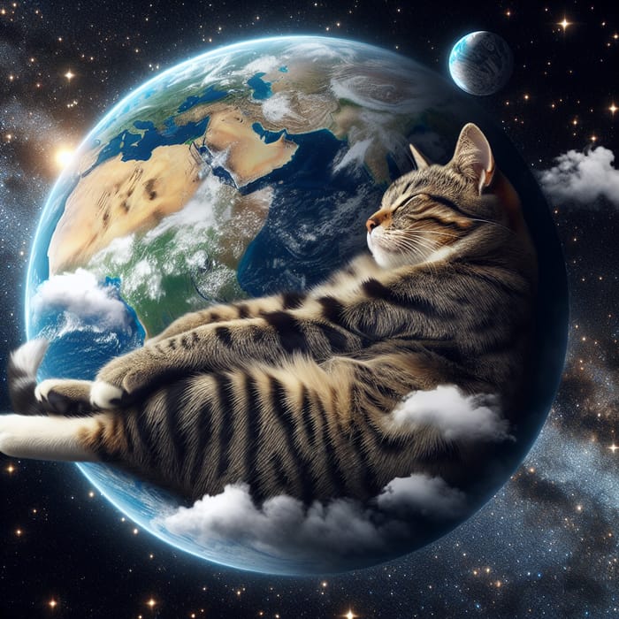 Cute Cat and Earth in Cosmic Illustration