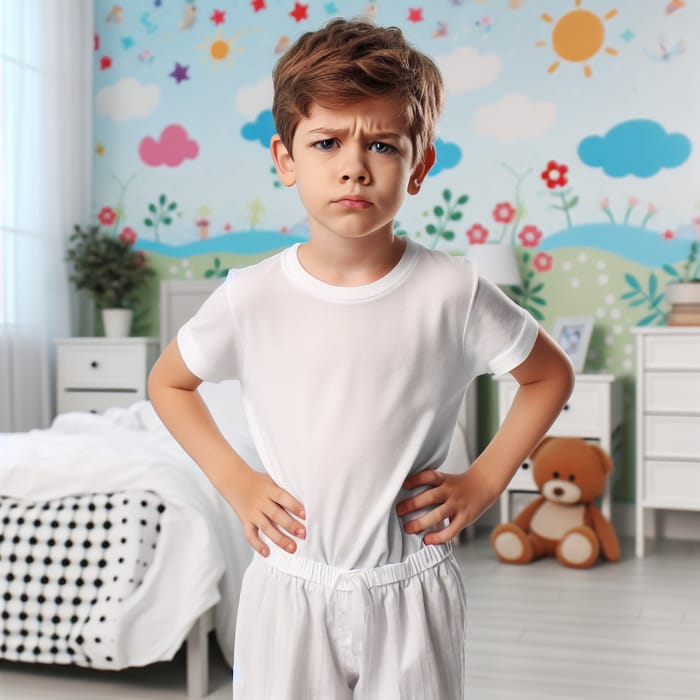 Confusion of Eight-Year-Old in Bedroom Decorated with Playful Wallpapers