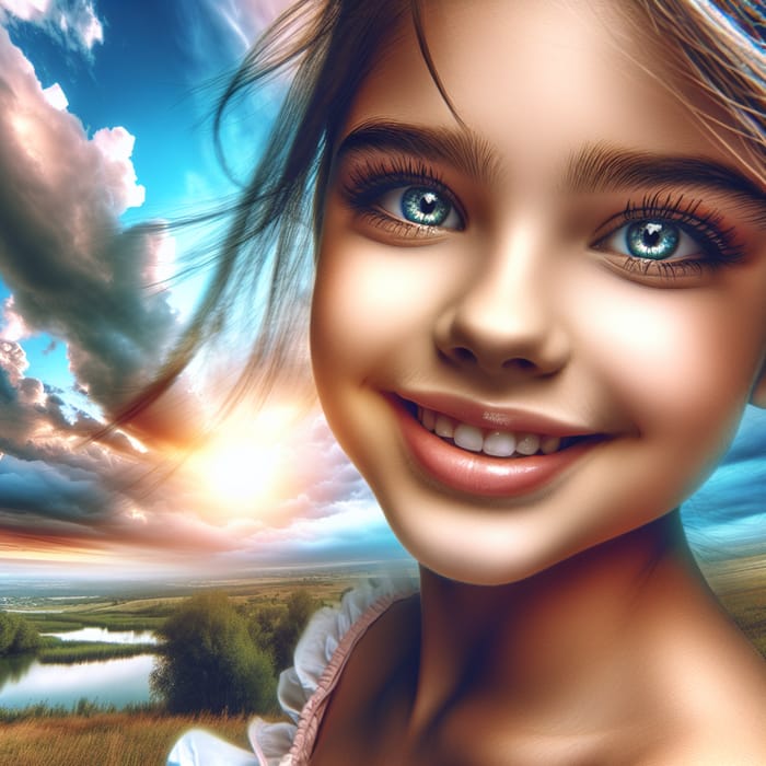 Young Girl's Joyful Expression in Nature | Captivating Sky Scene