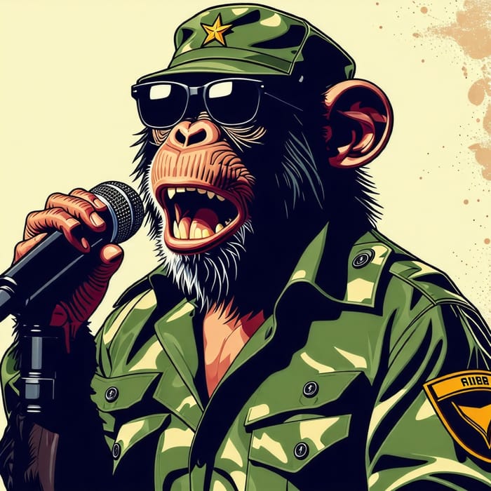 Cool Military Monkey with Shades Holding Microphone