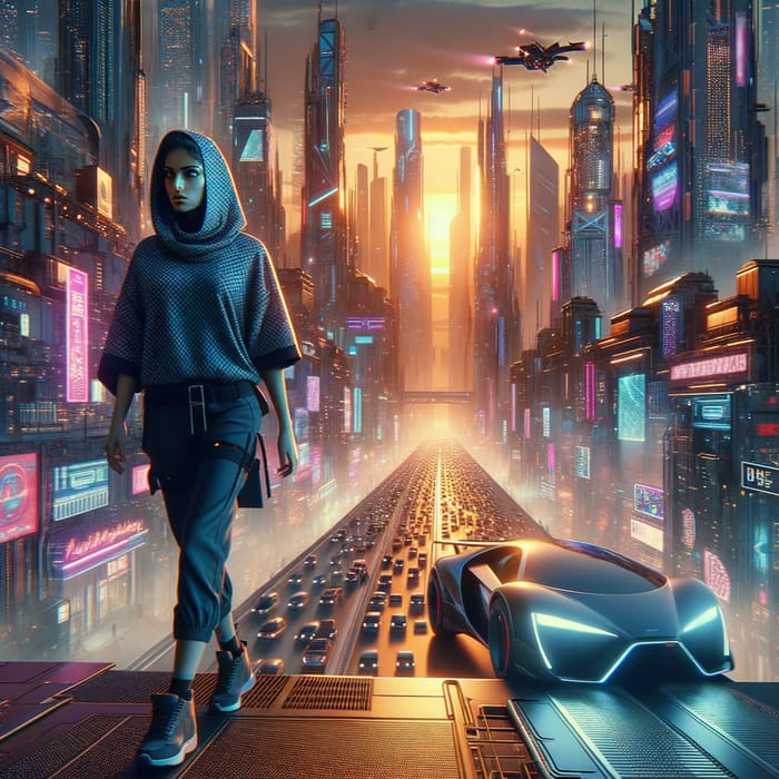 Futuristic Cityscape at Sunset with Neon Lights - Cyberpunk Aesthetic