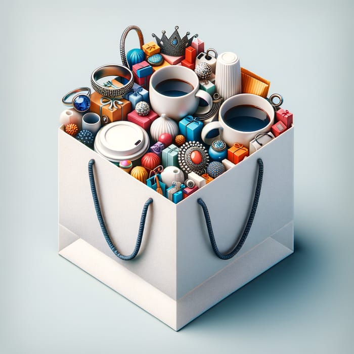 Diverse Shopping Bag Display with Cup, Ring & Necklace