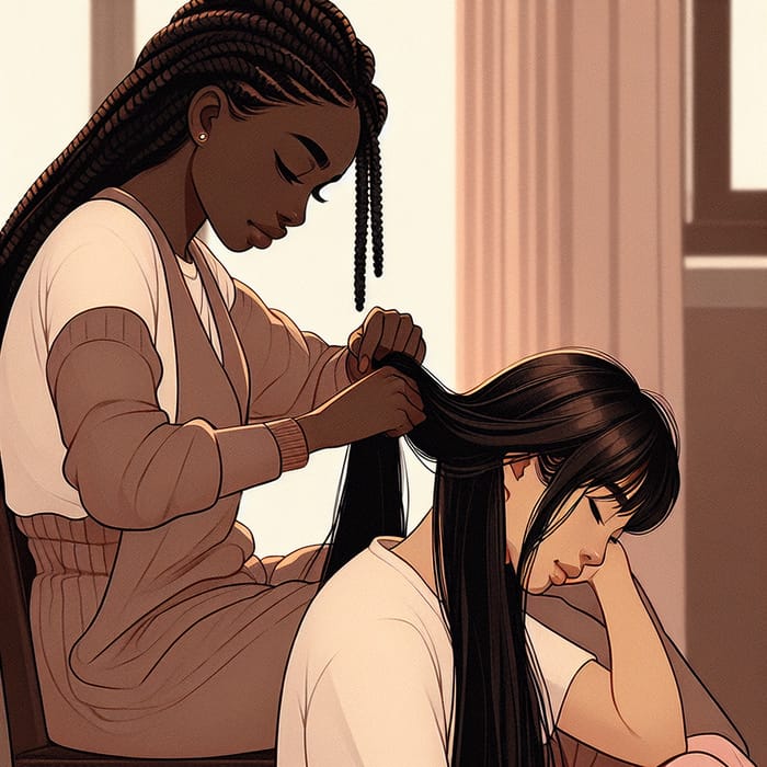 Young Woman Braiding Boyfriend's Hair - Intimate Moment