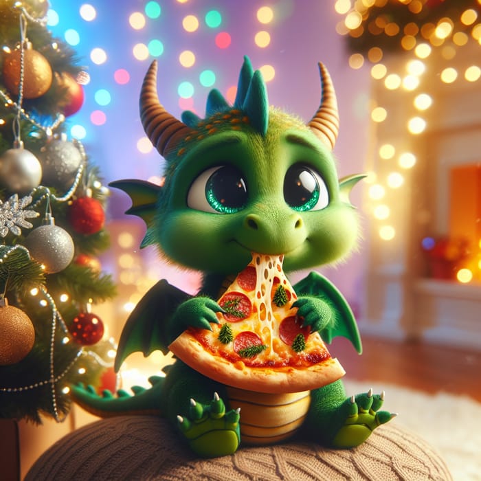 Cute Green Dragon Eating Pizza in Festive Christmas Scene