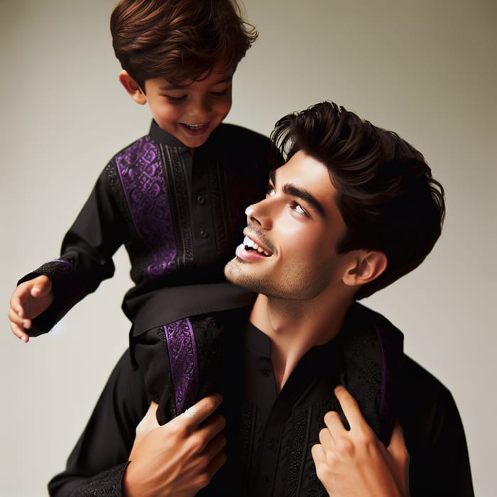 South Asian Father and Son in Black and Purple Traditional Outfits
