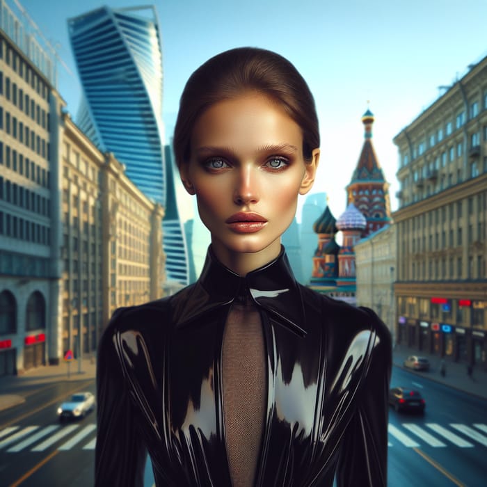 Elegant Russian Supermodel in Black Latex Dress | Moscow Urban 8k Portrait