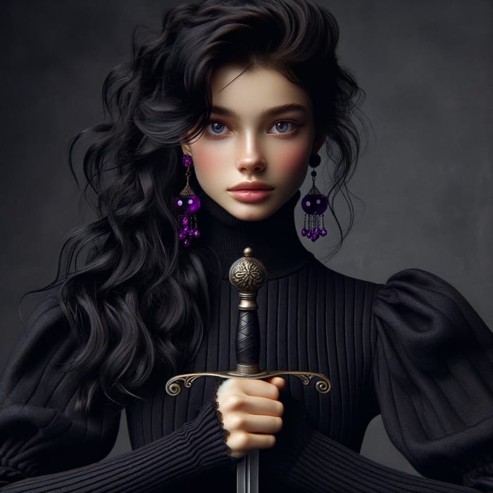 Young English Girl with Black, Thick, Long Wavy Hair and Violet Eyes Holding Sword
