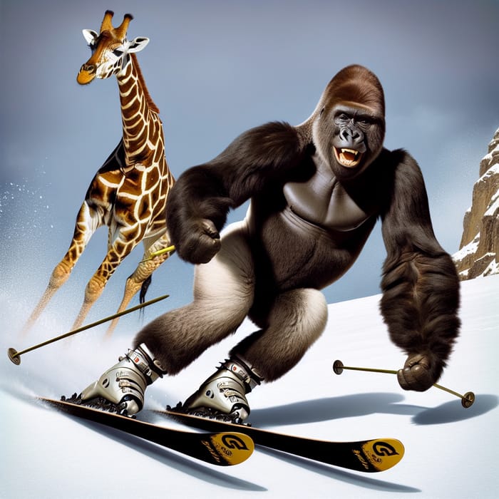 A Gorilla and Giraffe Skiing Down a Snow-Covered Mountain