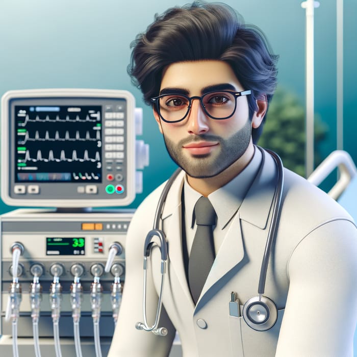 3D Illustration Middle-Eastern Man Glasses Sitting on Anesthesia Machine with Doctor Clothing and Stethoscope