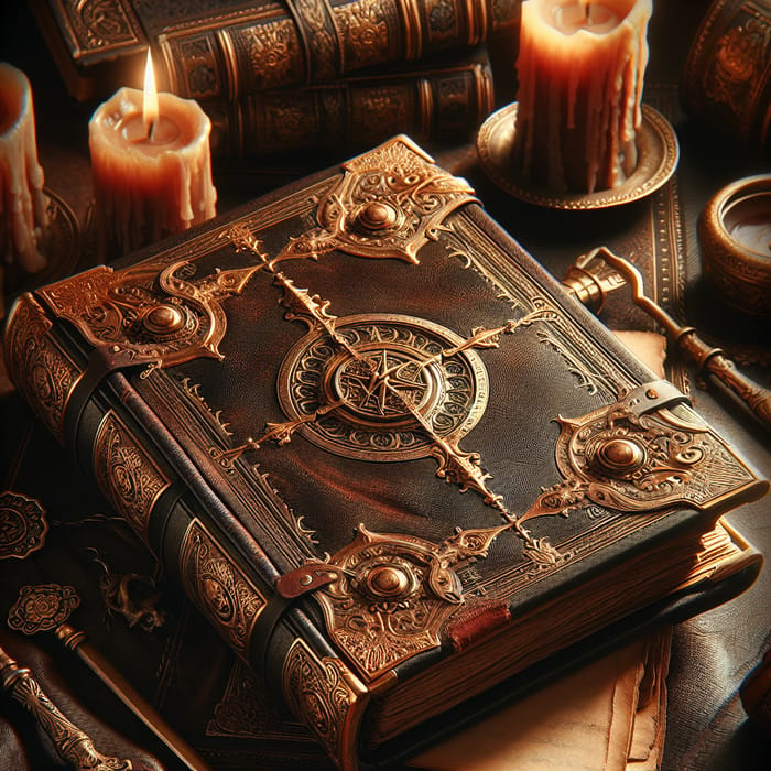 Vintage Leather-Bound Grimoire with Ornate Gold Detailing - Mystical Atmosphere